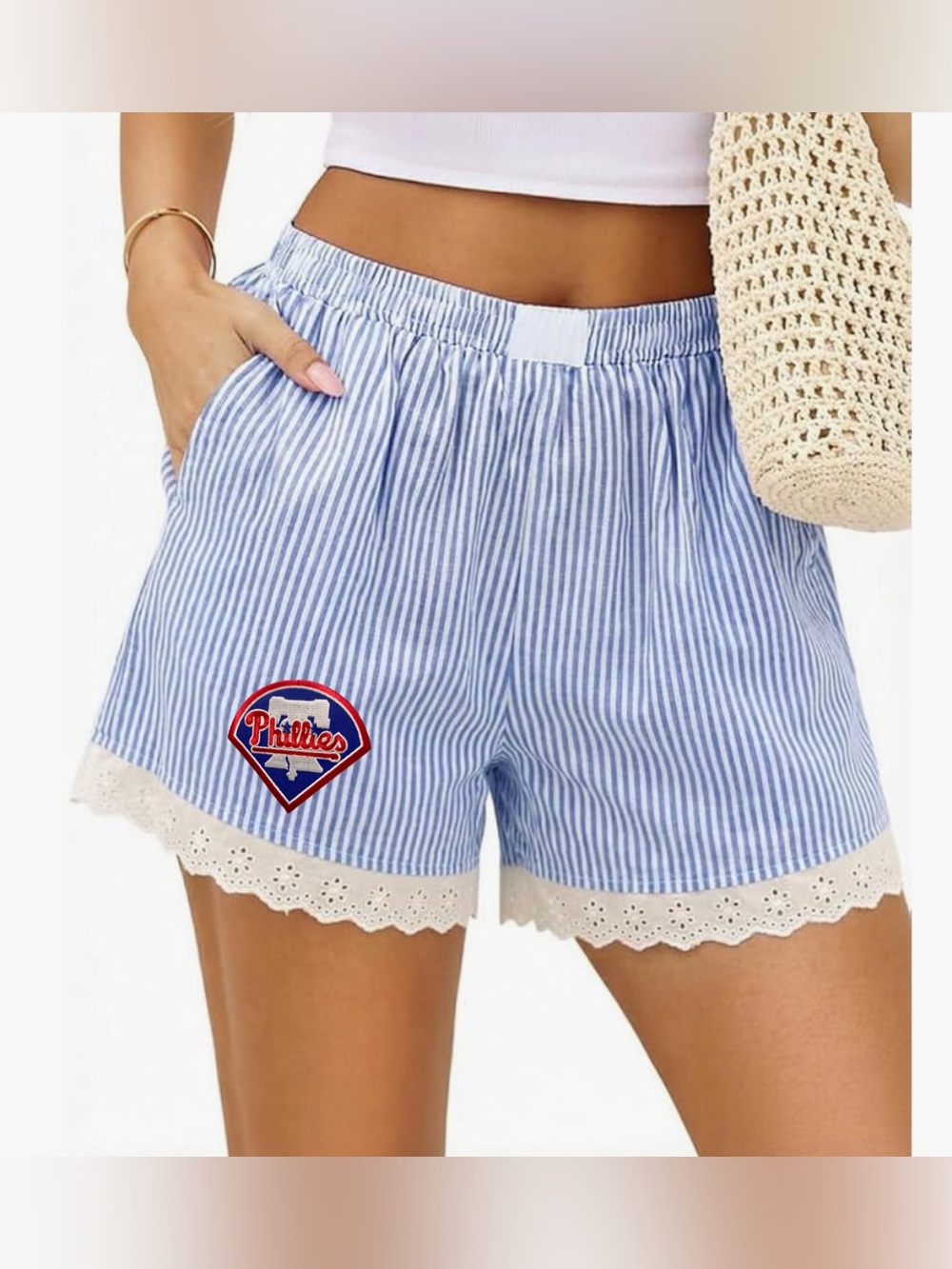 Phillies Blue Striped Women's Shorts with Lace Trim